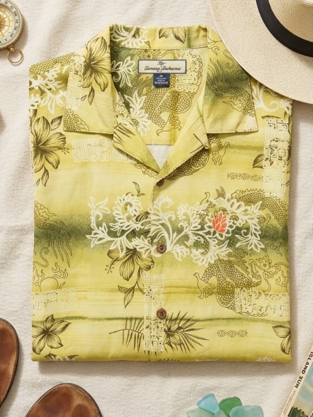 Tommy Bahama Yellow Hawaiian 100% Silk Short Sleeve Pocket Shirt Size Large